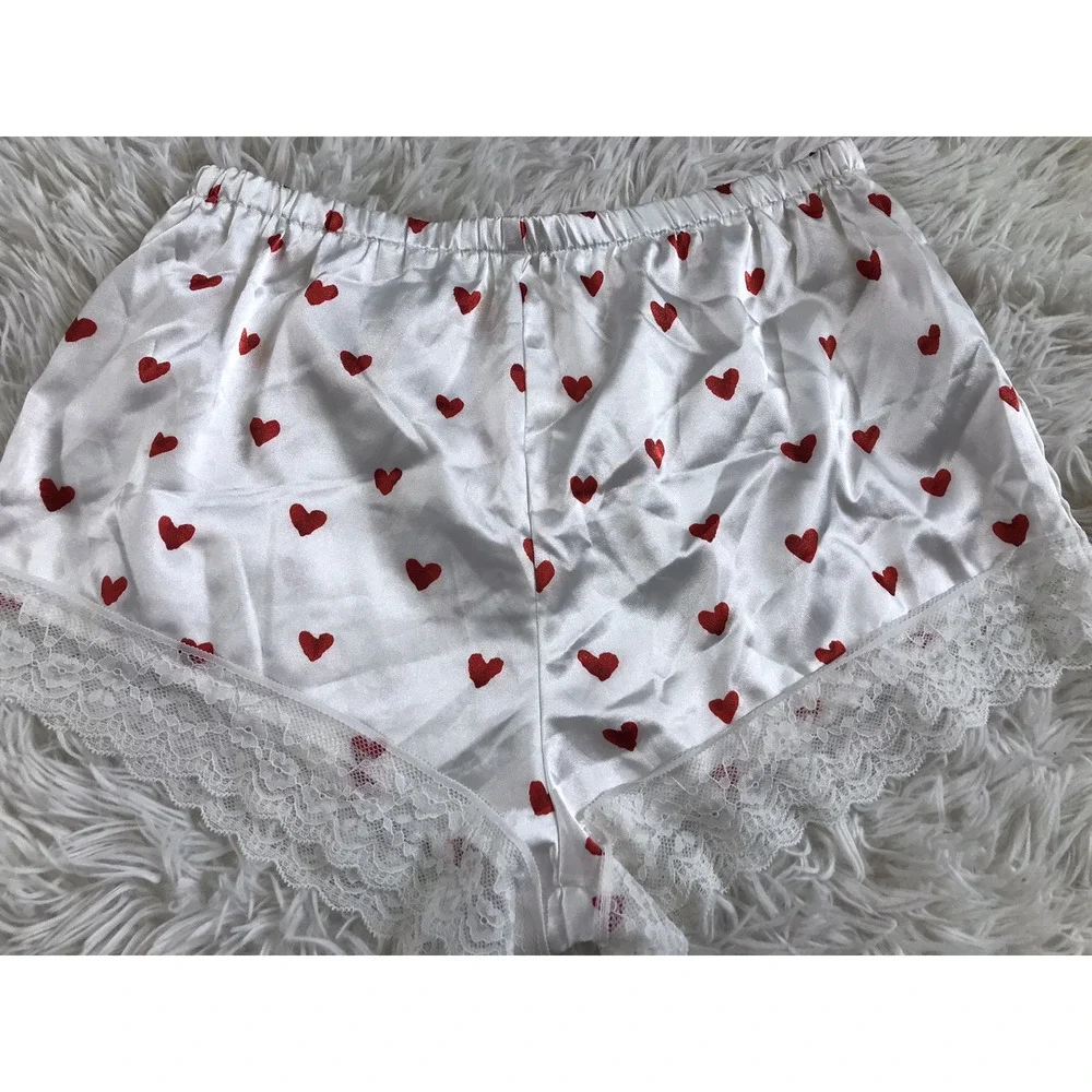 Women's Satin Heart Print Pajama Lace Trim Cami Top Size Medium White